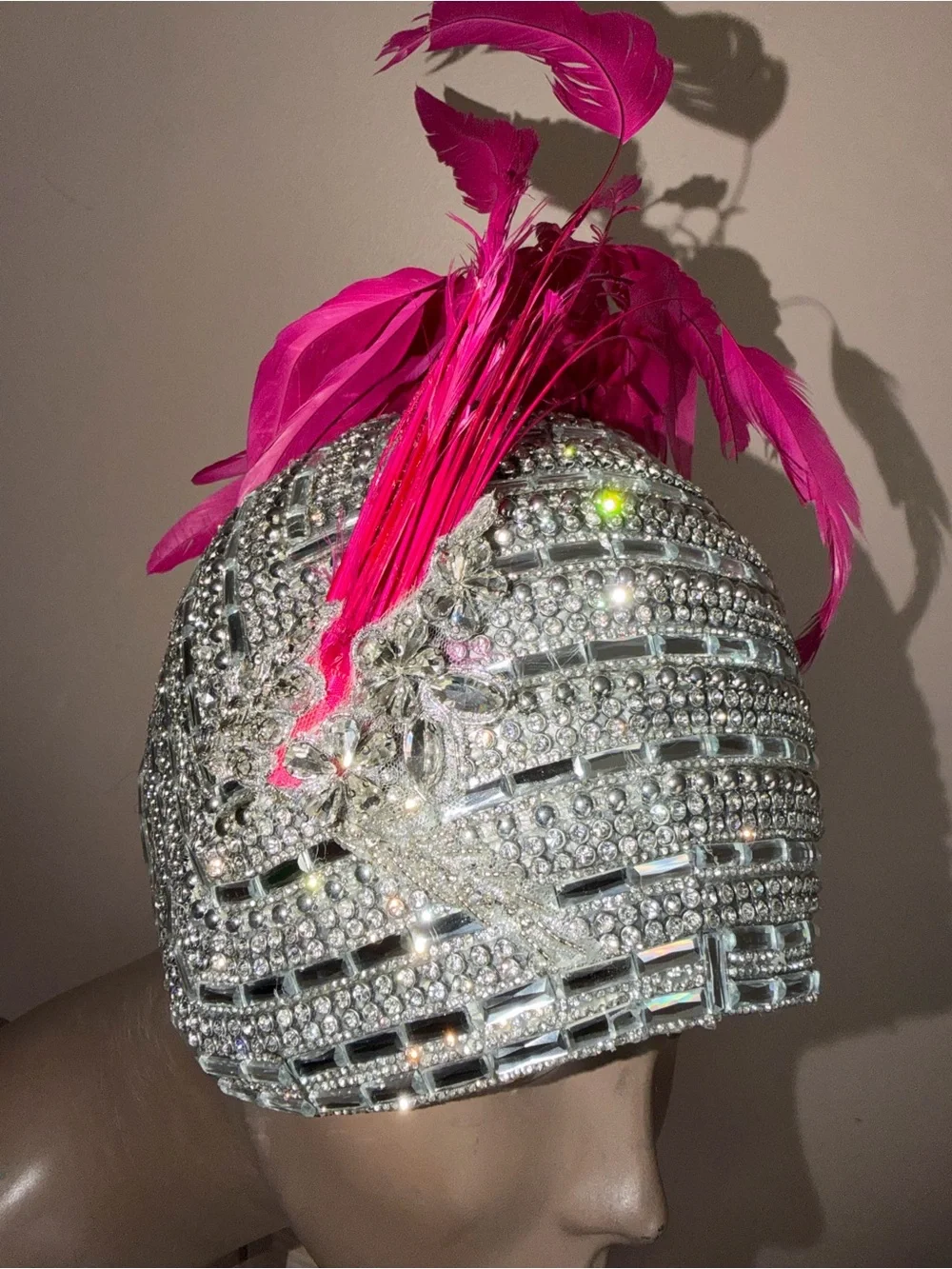 Crystal Beaded Flapper full dome cap with Hot Pink Feathers